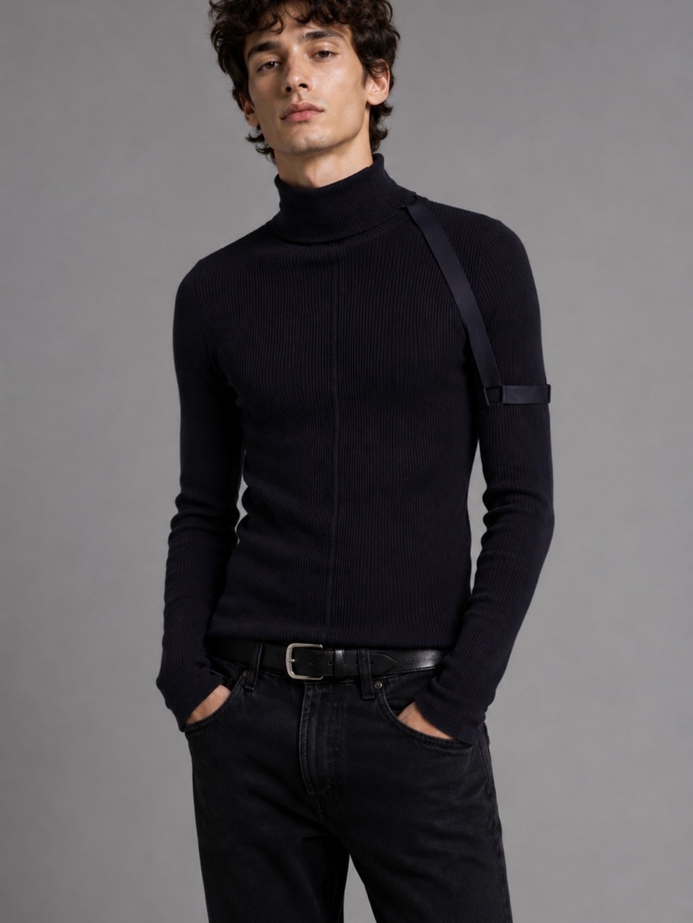 Helmut Lang Black Turtleneck Top L Dark Navy Ribbed Harness Arm Strap Stretch